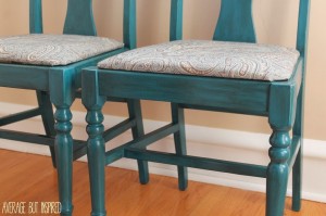 These chairs got a makeover with homemade chalk paint in Benjamin Moore Beau Green, which is a deep teal chalk paint color.