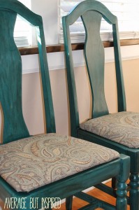 A pair of Craigslist chairs were given a makeover in deep teal chalk paint and new fabric from Robert Allen.