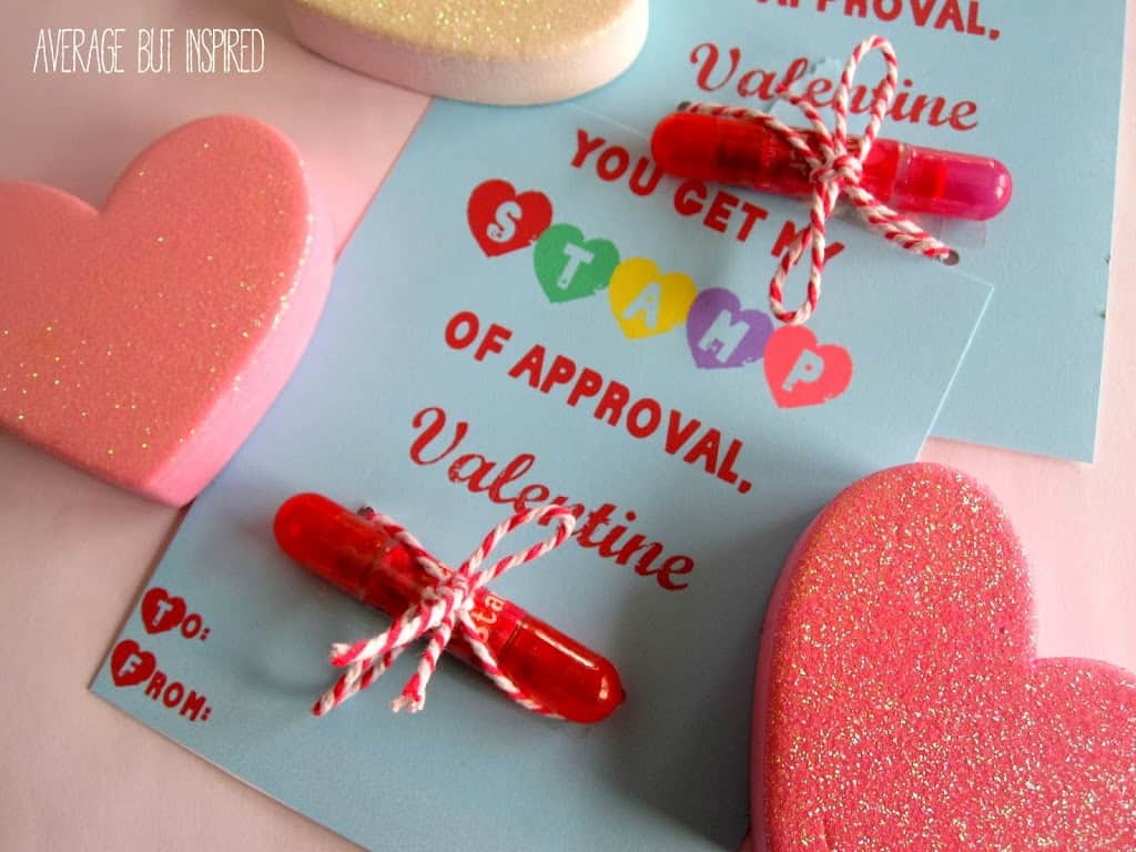 These FREE printable "Stamp of Approval" Valentine Cards are SO cute when paired with mini stampers! They're a great no-candy card for schools!