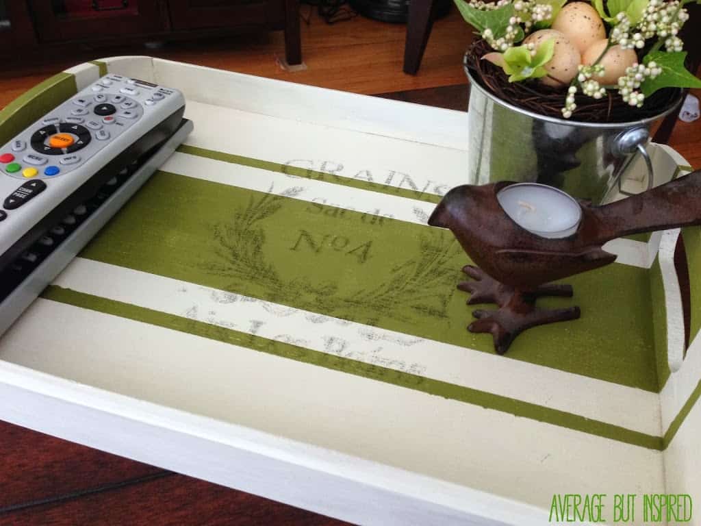 A plain wooden tray got a cute makeover with painted grain sack stripe and freezer paper image transfer technique. Learn how to replicate the look in this post.