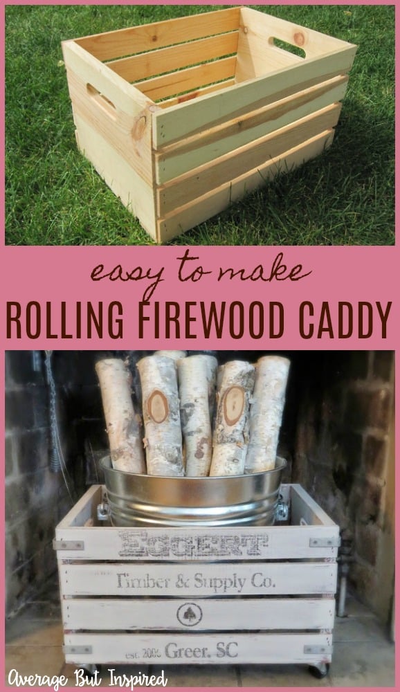 Love this! It's so easy to make a rolling firewood caddy with a wood crate. Learn how to customize a crate for looks and function. It's a great piece of fireplace decor!