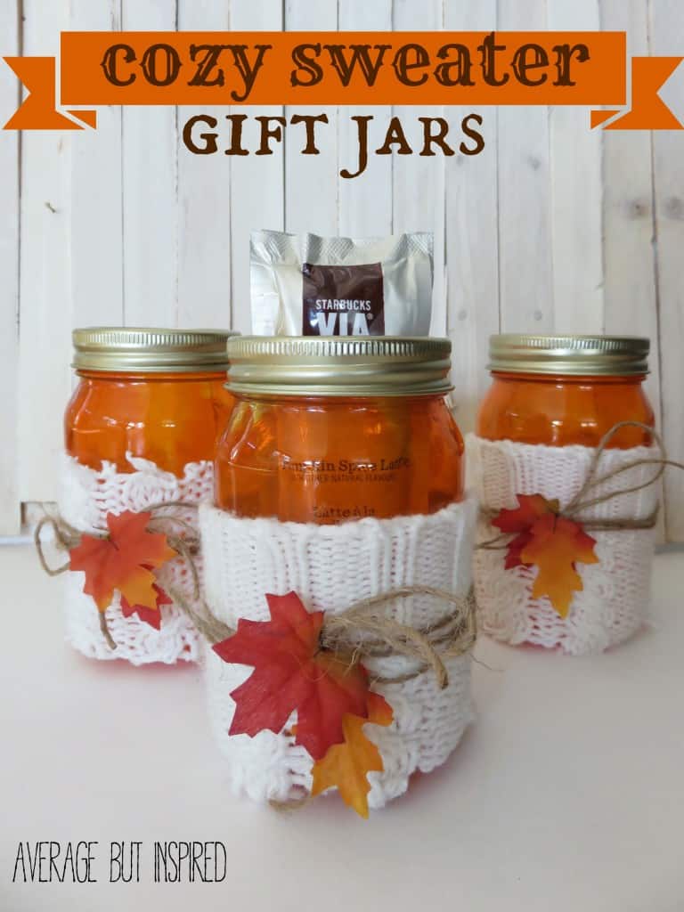 These jars were dyed orange, wrapped in sweater remnants and adorned with twine and fall leaves for a cute and cozy look.