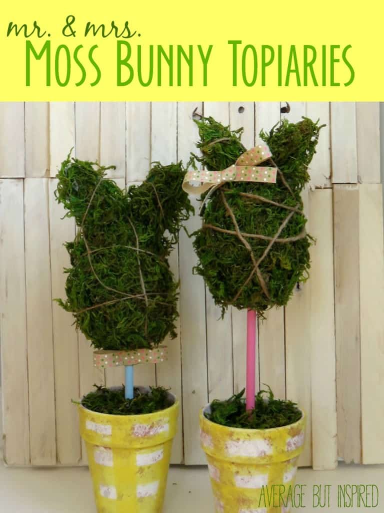 Make a bunny topiary for Easter or spring! Moss bunny topiaries are a great spring craft or Easter decoration! Click through to get the full tutorial on how to make your own from averageinspired.com.
