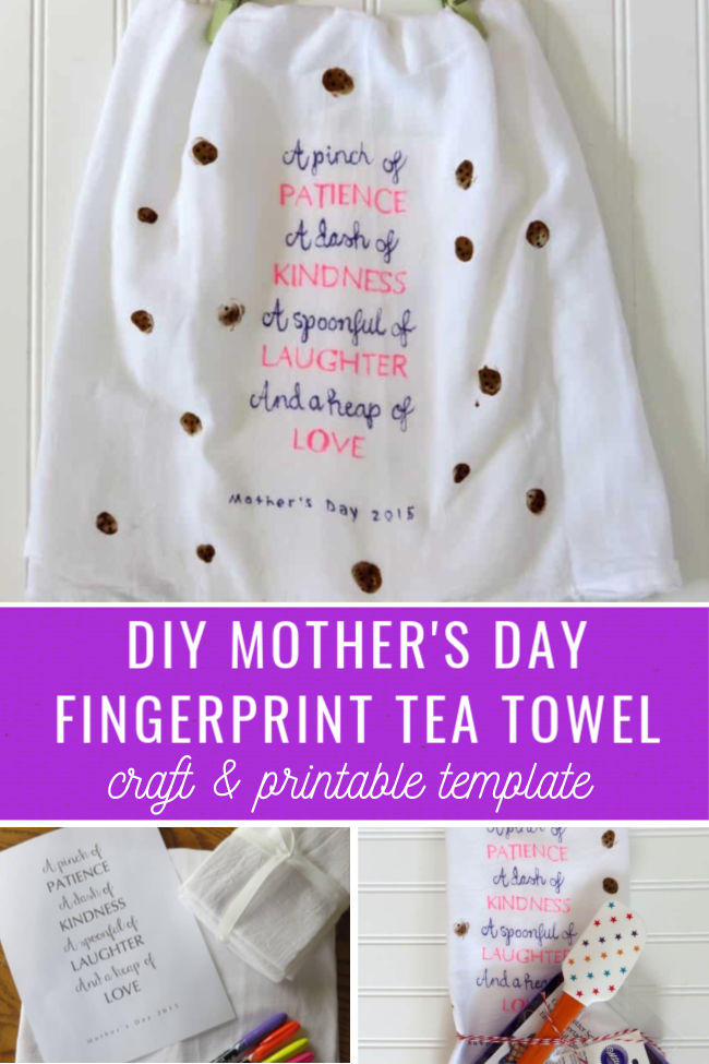 This is such a sweet DIY Mother's Day gift! Let your kids use their fingerprints to create "cookies" on this painted tea towel. Print the template for the saying on the front of the tea towel, and create a cute Mother's Day gift for any grandma or mom!