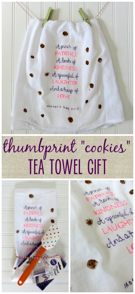 Turn kids' thumbprints into cookies on a cute tea towel. It's the perfect gift for a mom or grandma who bakes! Plus, the free downloadable quote can be used as a template for your own tea towel!