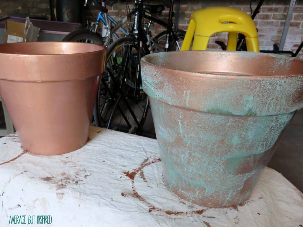 She used the Modern Masters copper patina paint set to create faux copper planters.