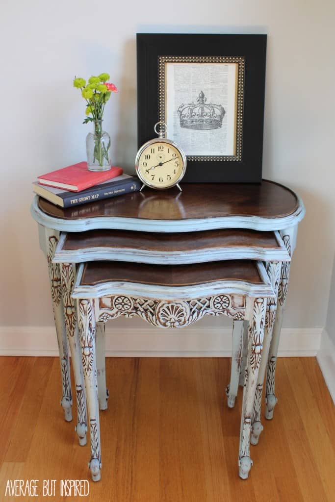 These beautiful nesting tables were refinished with Country Chic Paint in Elegance and dark walnut stain.