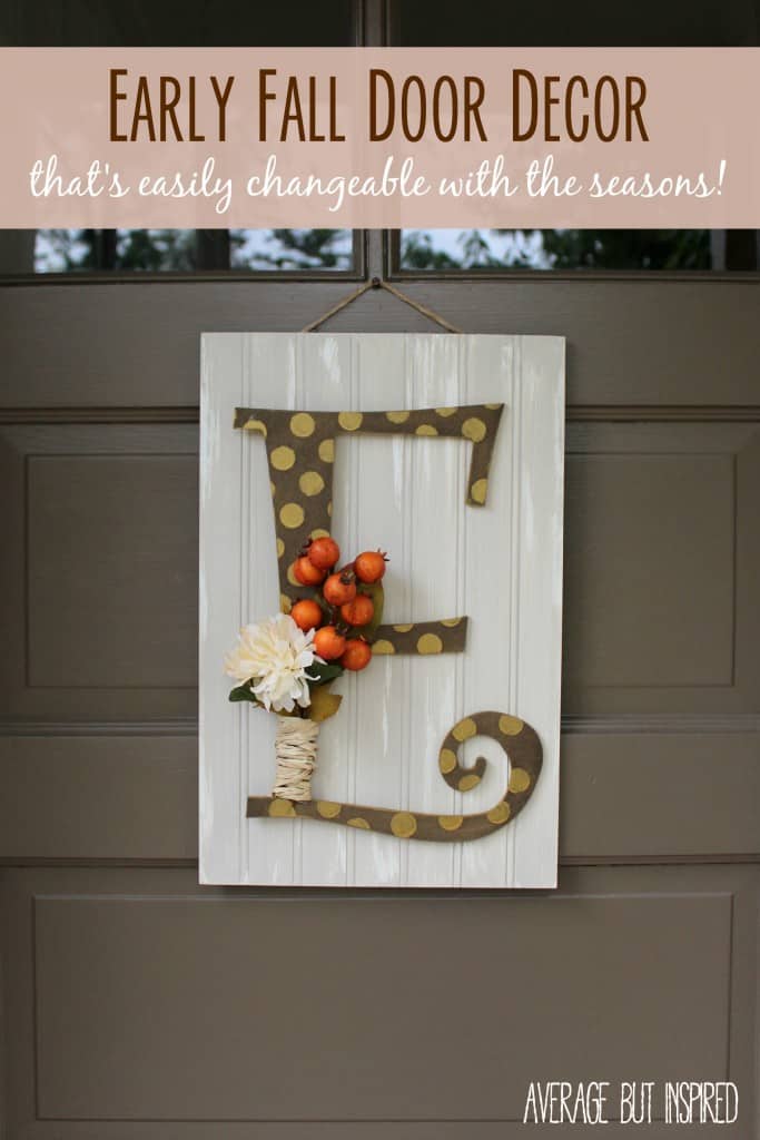 This monogram fall door decor is a quick project! Use velcro to attach the letter and embellishments for a quick change with the seasons or holidays!