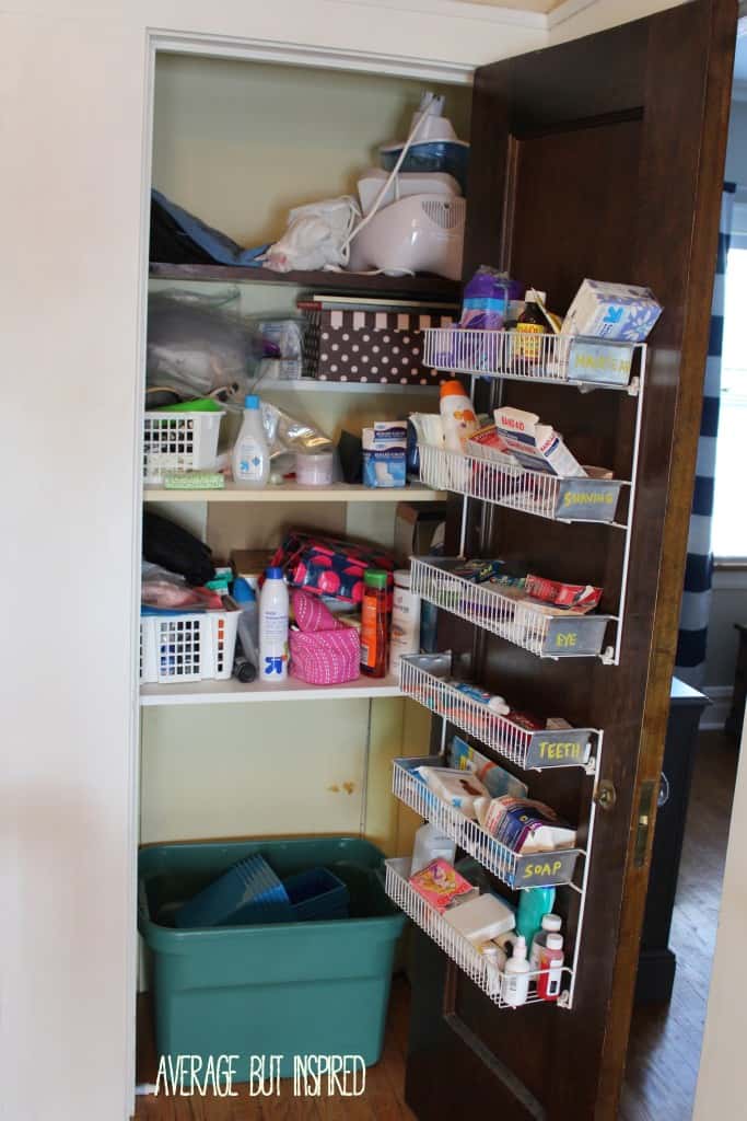 This post has awesome ideas for organizing a hall closet with items from the dollar store!  You don't have to spend a fortune to get your stuff in order!