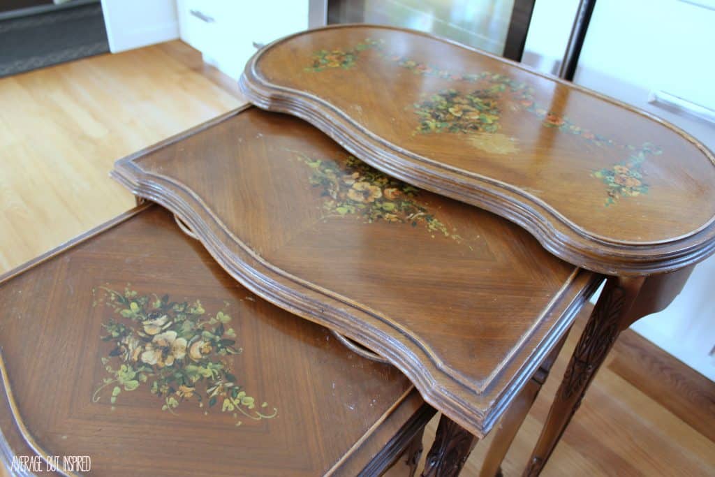 These beautiful nesting tables were refinished with Country Chic Paint in Elegance and dark walnut stain.