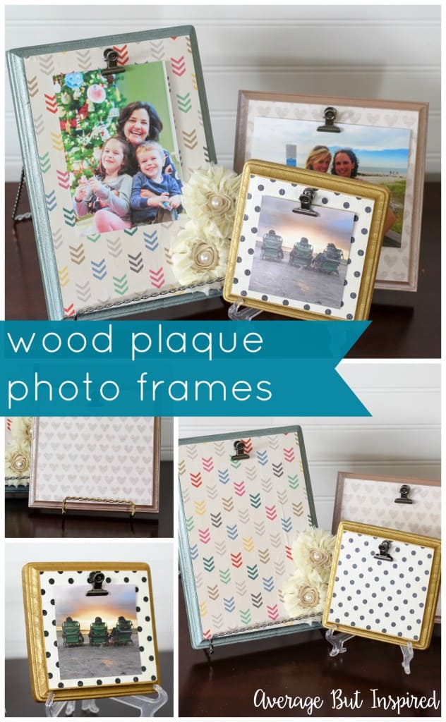 Love this quick and easy project! Turn wooden plaques from the craft store into adorable picture frames with scrapbook paper and paint. Get the full tutorial at averageinspired.com.