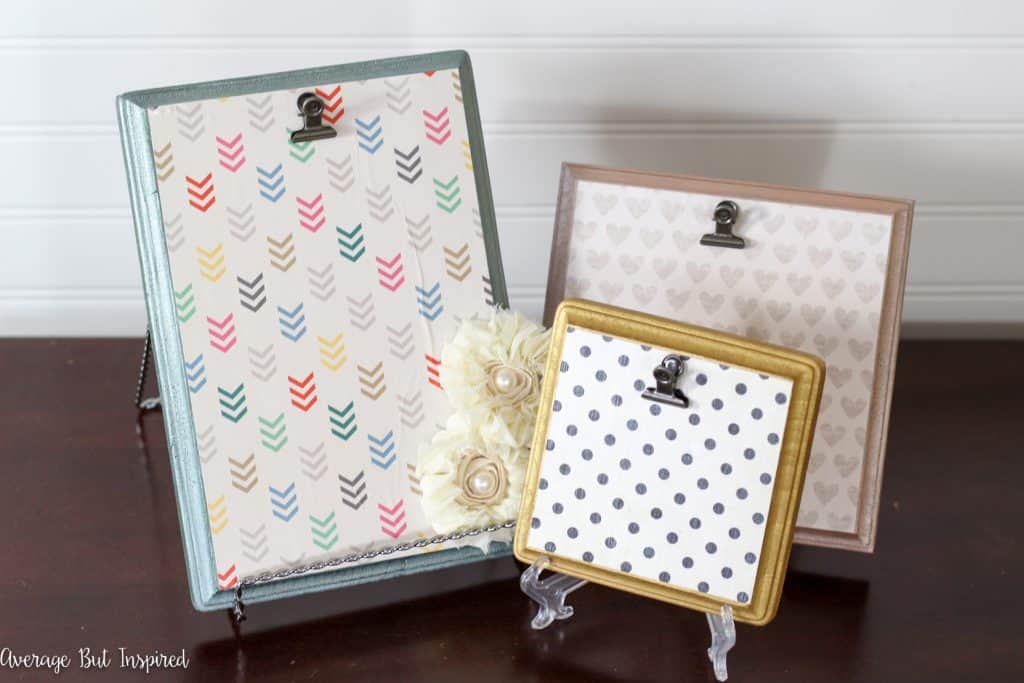 Love this quick and easy project! Turn wooden plaques from the craft store into adorable picture frames with scrapbook paper and paint. Get the full tutorial at averageinspired.com.