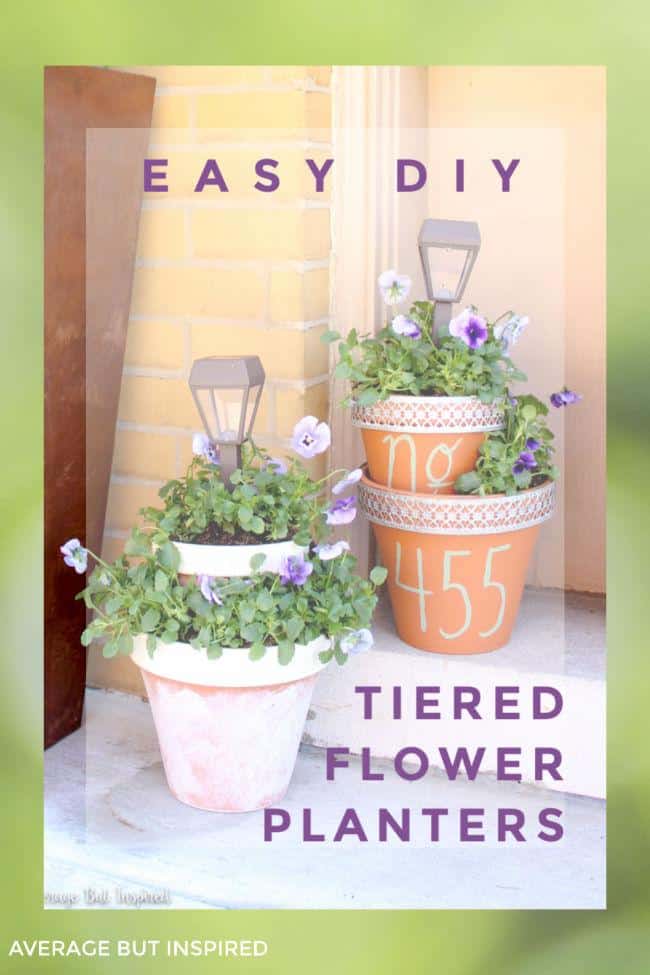 This is such a cute spring craft project. Turn terracotta pots into adorable tiered flower planters for your porch! Plus, adding a solar light to each tiered pot gives these planters a little something extra that helps to light the night! #springcrafts #terracottapots #diyplanter #planters