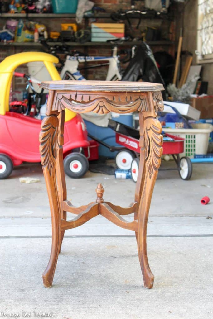 Gorgeous! This side table was found in an alley and given a beautiful makeover with chalky paint and a patterned paper on the tabletop. See all the "before" and "afters" in this post.