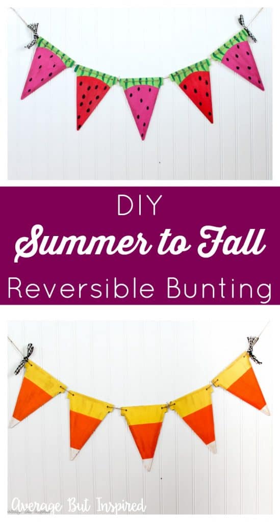 Go from summer to fall with this DIY reversible bunting project! Watermelon on one side reverses to candy corn - it doesn't get much sweeter! Get the tutorial and supply list right here.