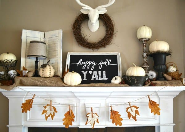 Fall Mantel with Fall Leaf Banner via Sondra Lyn At Home.com