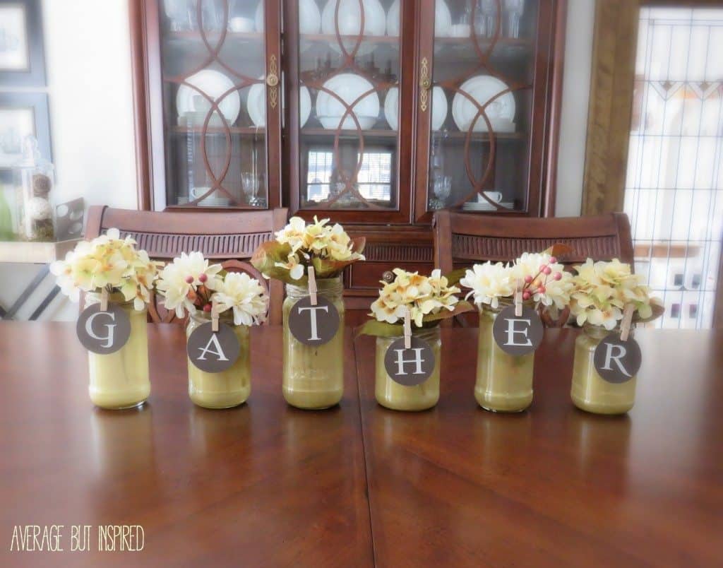 Glitter glaze glass jars with easily removable paper letters.