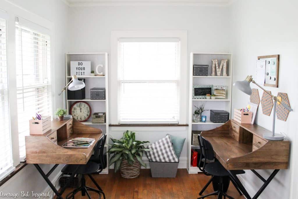 A neglected room is transformed into a clean and functional shared office space for children and adults! A perfect place to work and study.