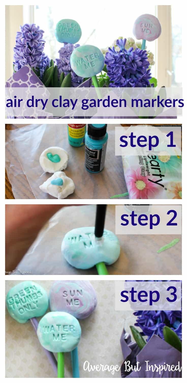 Use lightweight air dry clay to create adorable DIY air dry clay garden markers. Use paint to achieve a marbled air dry clay look and add some spunk to your garden or flower pots this season!