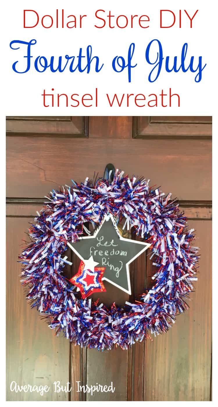 Make a DIY Fourth of July Wreath with supplies from Dollar Tree! This wreath cost $5 total to make! The tinsel garland adds a festive and sparkly touch for the Fourth of July.