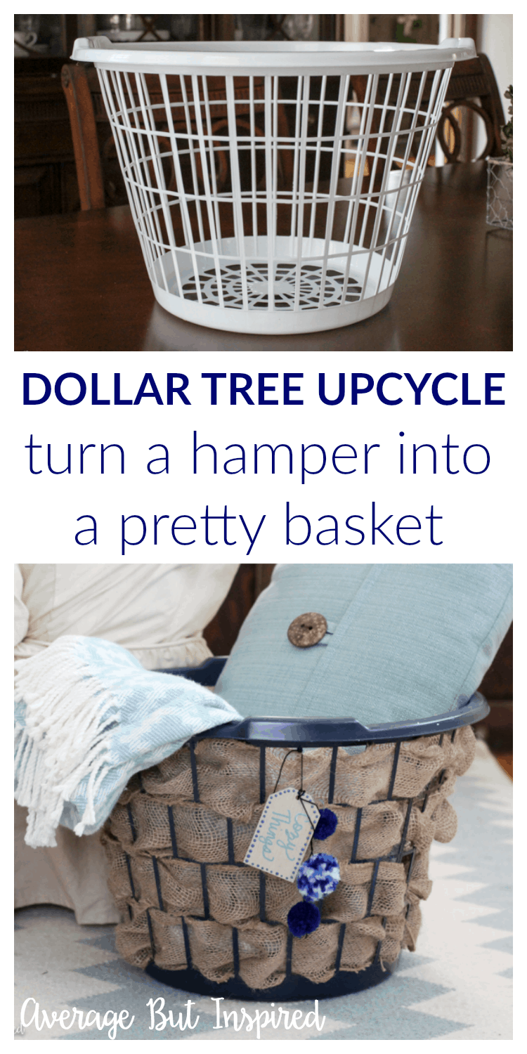 It's easy to transform a dollar store laundry basket into a pretty burlap basket! What a great Dollar Tree craft project!