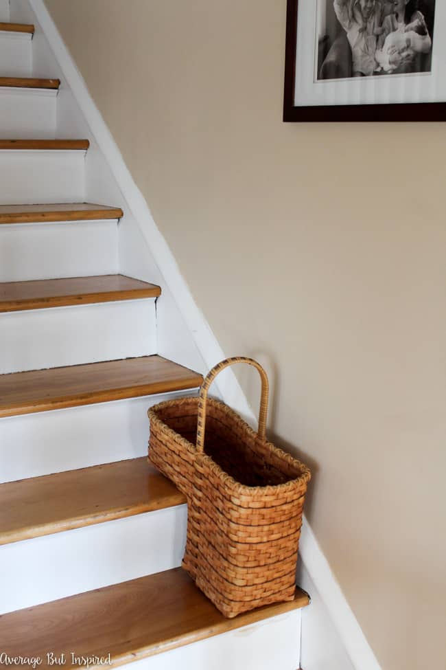 This dated staircase basket from the thrift store got a brand new look!