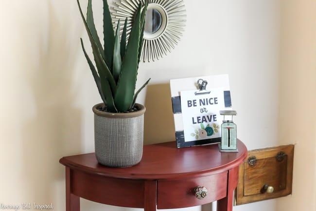 Love this small foyer decor! A pretty table, potted plant, and decorative accessories make it a functional and stylish space.