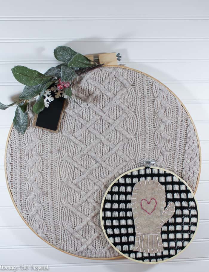 Upcycled sweater embroidery hoop art is a great way to use less-than-perfect sweaters in home decor! Instead of throwing your sweaters away, turn them into art for your home! #embroideryhoop #upcycle #upcycledsweater