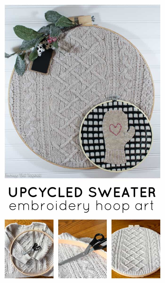 Upcycled sweater embroidery hoop art is a great way to use less-than-perfect sweaters in home decor! Instead of throwing your sweaters away, turn them into art for your home! #embroideryhoop #upcycle #upcycledsweater