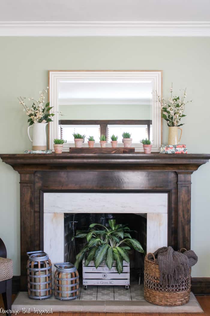 It's so easy to decorate a spring mantel with just five elements! You can achieve a beautiful look for spring with simple decor elements that are able to be used throughout the seasons! This spring mantel decor is fresh and classic.