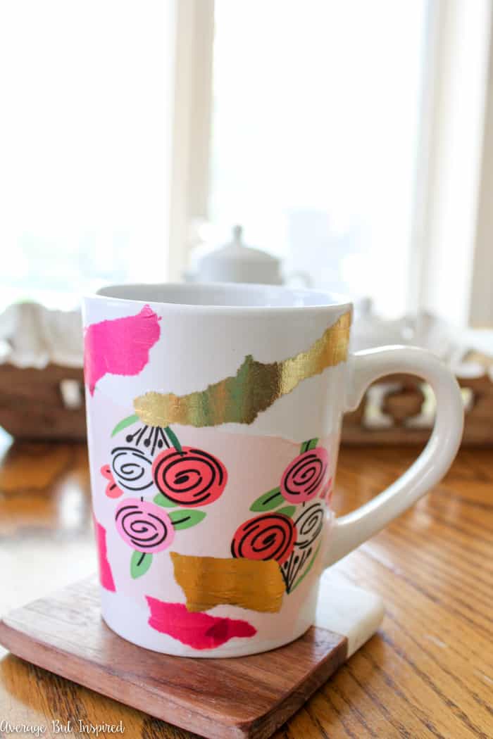 Learn how to make a bold and dishwasher safe DIY Tissue Paper Mug with this easy project tutorial! With just four supplies you can make these adorable DIY coffee mugs that are perfect for inexpensive gifts or girls night craft parties! Anyone can make tissue paper mugs! 