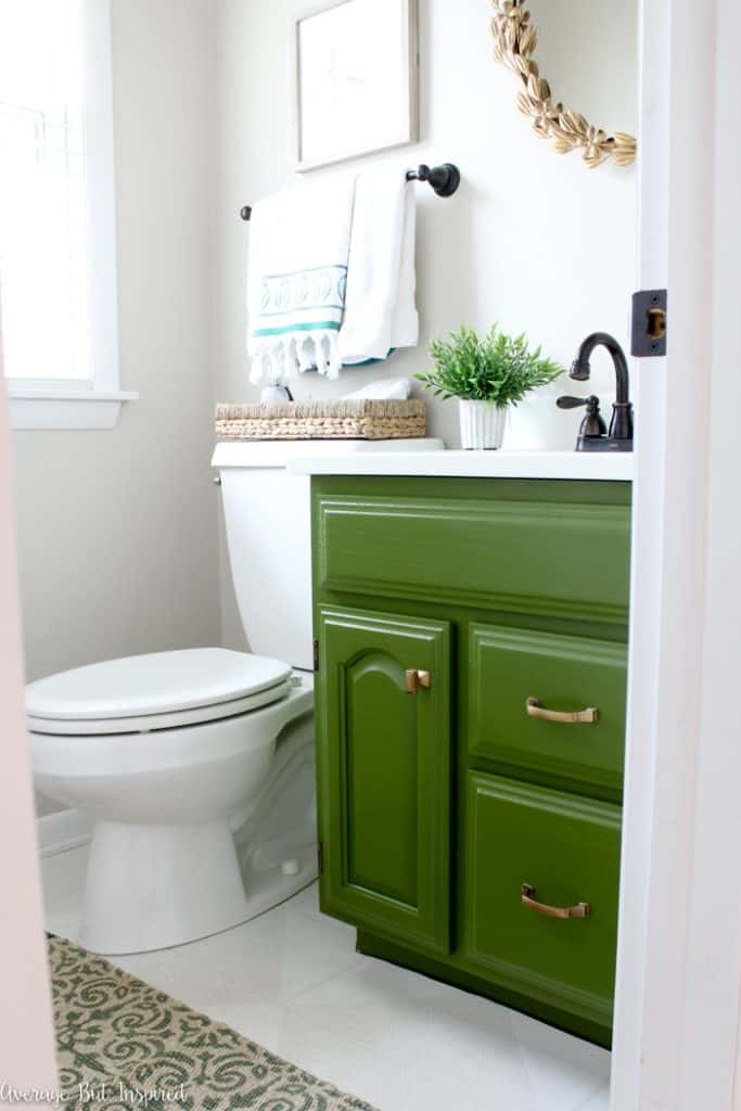 Pretty Powder Room Makeover (Olive Green Bathroom Vanity)