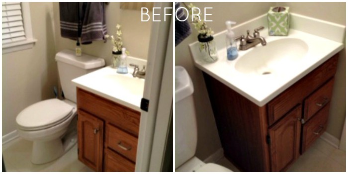 A 1990s powder room got a pretty makeover with a painted olive green bathroom vanity!