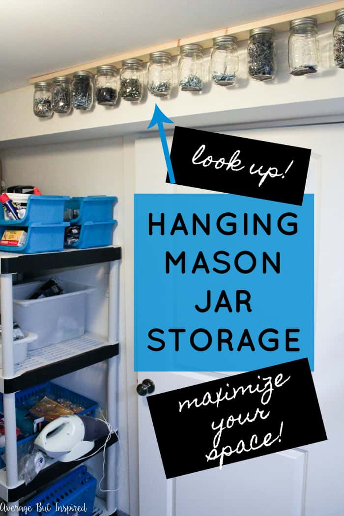 This is SO SMART! Take advantage of unused space on the ceiling or under a cabinet to create hanging mason jar storage! Use the mason jars to store and organize all kinds of small things - from tools to screws to craft supplies to spices! It couldn't be easier to create a hanging mason jar storage system in your home. This post shows you how!