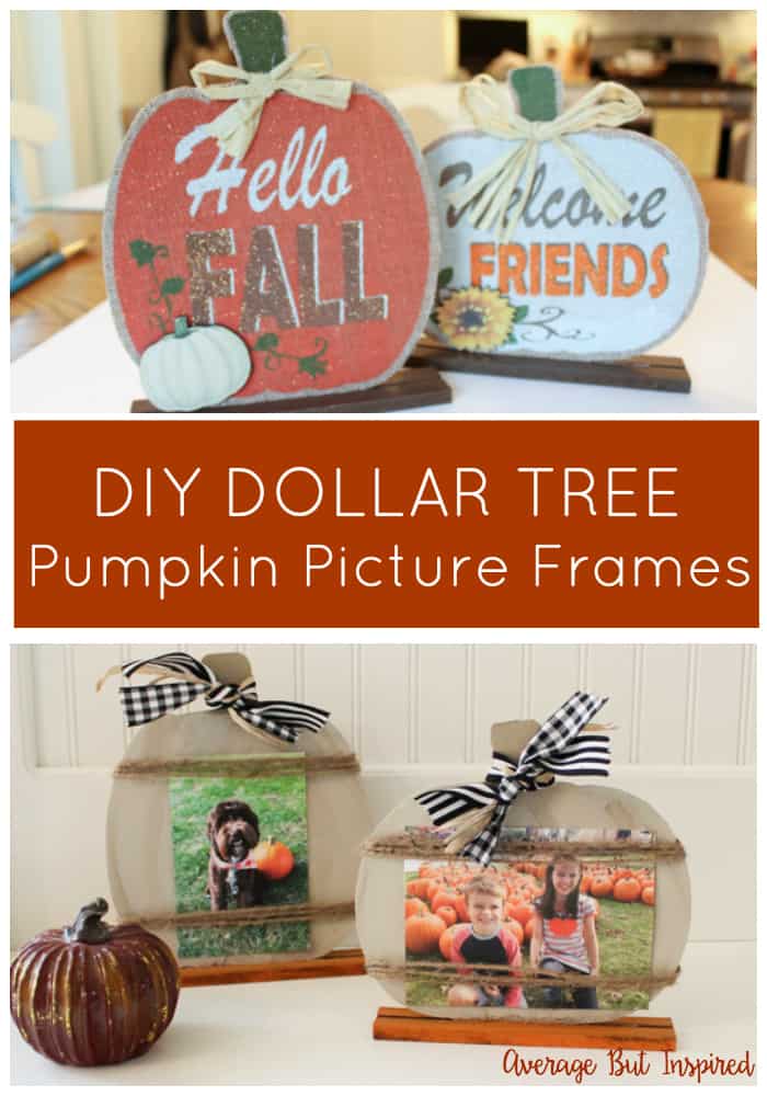 So cute! Transform Dollar Tree pumpkin decorations into adorable pumpkin picture frames that are perfect for displaying fall photos! #dollartree #dollartreecrafts #dollartreedecor #fallcrafts