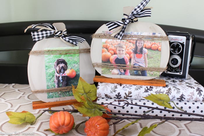 So cute! Transform Dollar Tree pumpkin decorations into adorable pumpkin picture frames that are perfect for displaying fall photos! #dollartree #dollartreecrafts #dollartreedecor #fallcrafts