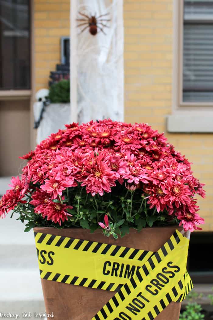 Planters wrapped in caution tape are a great Halloween decorating idea!