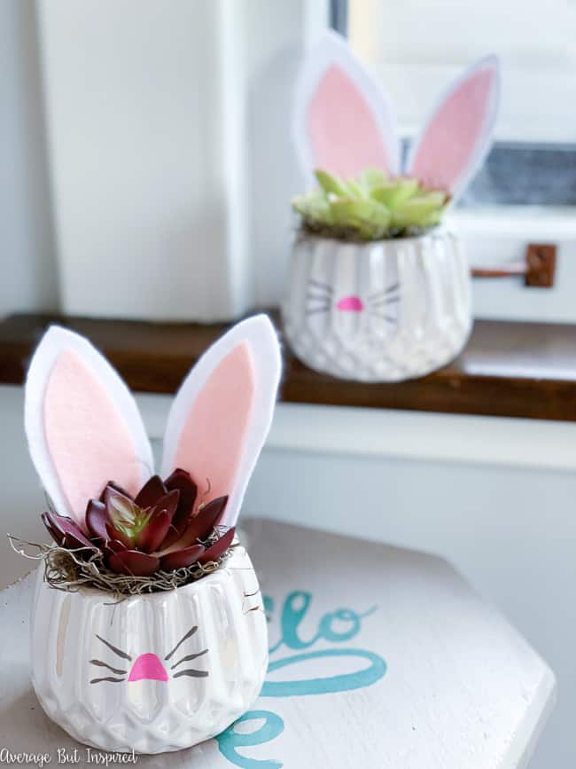 These cute DIY Bunny Planters are made with dollar store supplies! Get the project tutorial for this cute Dollar Tree Easter craft in this blog post.