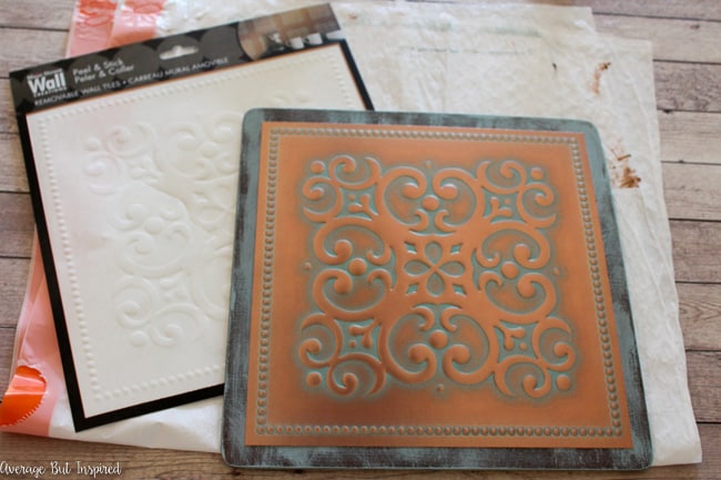 Dollar Tree's removable tile wall decor pieces are great for creating vintage tin tile wall art.