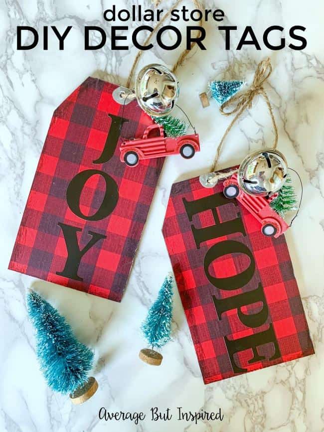 Add a dash of charm to your Christmas decor with these dollar store DIY decor tags! Using only dollar store supplies, you can make these large tags to add to wreaths, vases, to use as ornaments, to put in tiered trays, or to hang from a doorknob! The possibilities are endless, and these are such a cute Christmas craft!