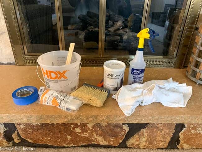 These are the supplies you need for a limewash stone fireplace makeover.