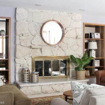 Limewash Stone Fireplace Makeover: Bye Bye Orange Stone Fireplace ...