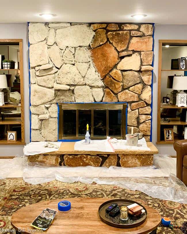 Limewash Stone Fireplace Makeover Bye Bye Orange Stone Fireplace