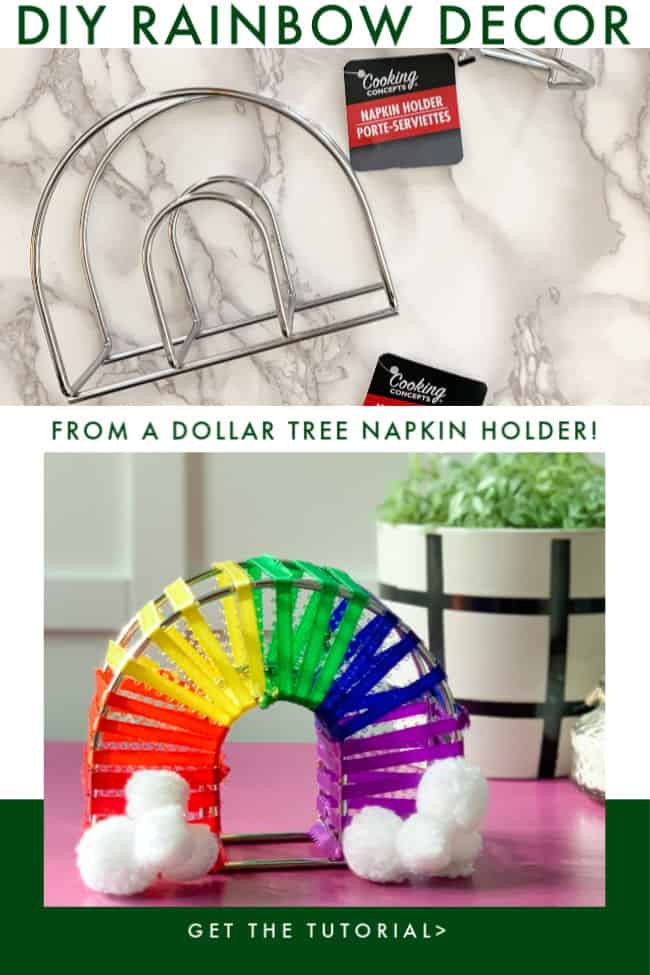 Learn how to transform a Dollar Tree napkin holder into an adorable piece of rainbow room decor! This is a cute St. Patrick's Day rainbow craft, too!