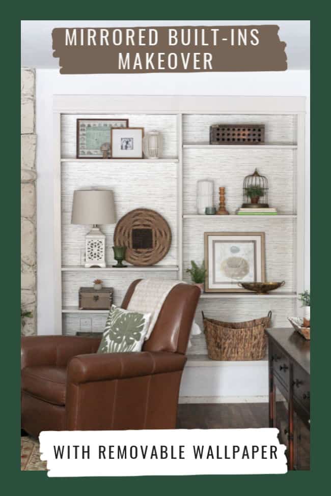 Amazing! Previously dated 1970s mirror-backed built-in bookcases got a fresh new look with paint and removable wallpaper. See how she used grasscloth peel and stick wallpaper to hide the mirrors, and Behr Cabinet & Trim Enamel in Manchester Gray to paint these bookcases pretty!