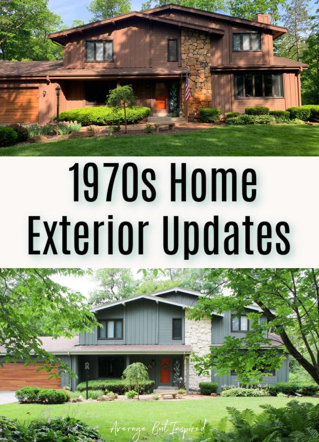 This 1970s home exterior update really brings it out of the dark ages! With moody green paint, limewashed stone, and wood accents, it looks much more updated than it used to. #greenhouseexterior #exteriorpainting #pewtergreen
