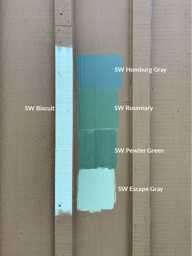 Sherwin-Williams green paint colors tested on a brown house. The colors include Homburg Gray, Rosemary, Pewter Green, and Escape Gray.