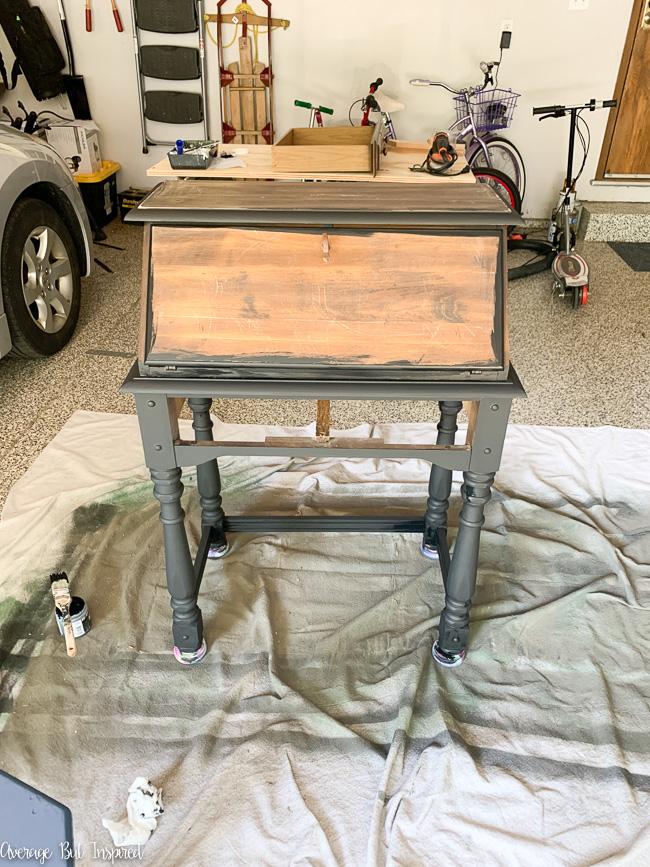 This small secretary desk got a makeover with chalk paint. This is a progress shot of the makeover process.