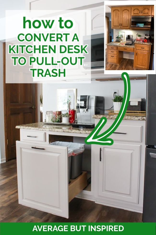 This is fantastic! Learn how to convert a kitchen desk into pull-out trash and recycling! If you don't use your built-in kitchen desk anymore, here's an idea on how to repurpose it and make it more functional for your home.