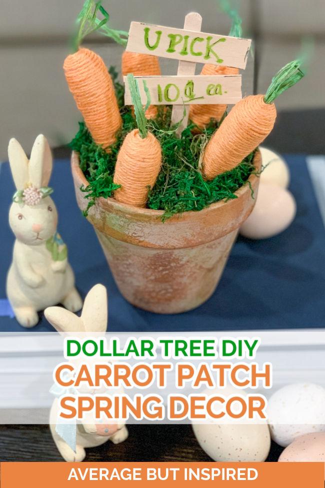 Use Dollar Tree jute carrots to make this cute Easter Carrot Decor! It's such a cute dollar store craft that's perfect for spring or Easter! Use it as spring tiered tray decor, styled on a shelf, or as an Easter centerpiece. 